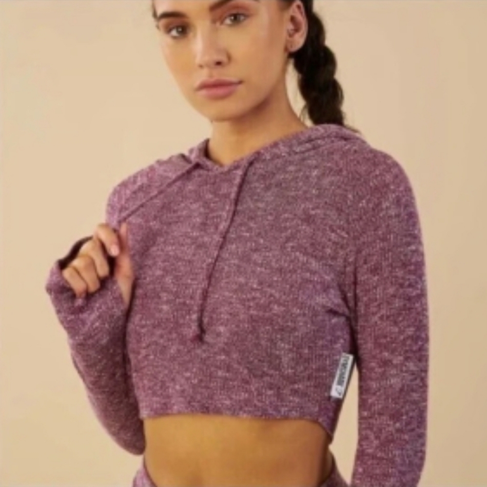 Gymshark Slounge Cropped Hoodie Deep Plum Marl Sporty Ribbed Thumb Holes sz S